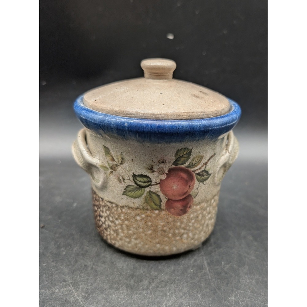 Vintage Rustic Monroe Salt Works Pottery Lidded Crock Apple Motif Blue Rim 5"